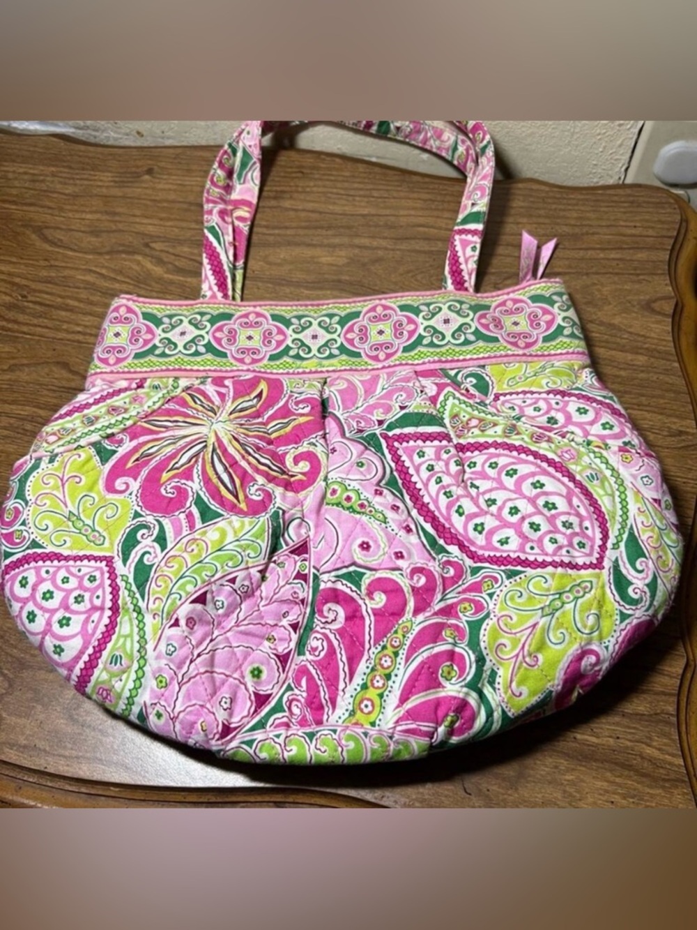 Vera Bradley VINTAGE pink green floral paisley quilted bucket shoulder bag